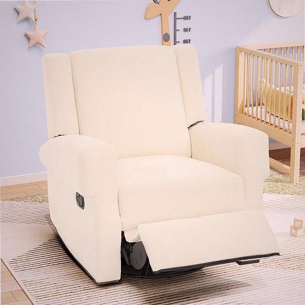 Compact Manual Recliner Chair with Swivel, Rocker & Pull Handle - White