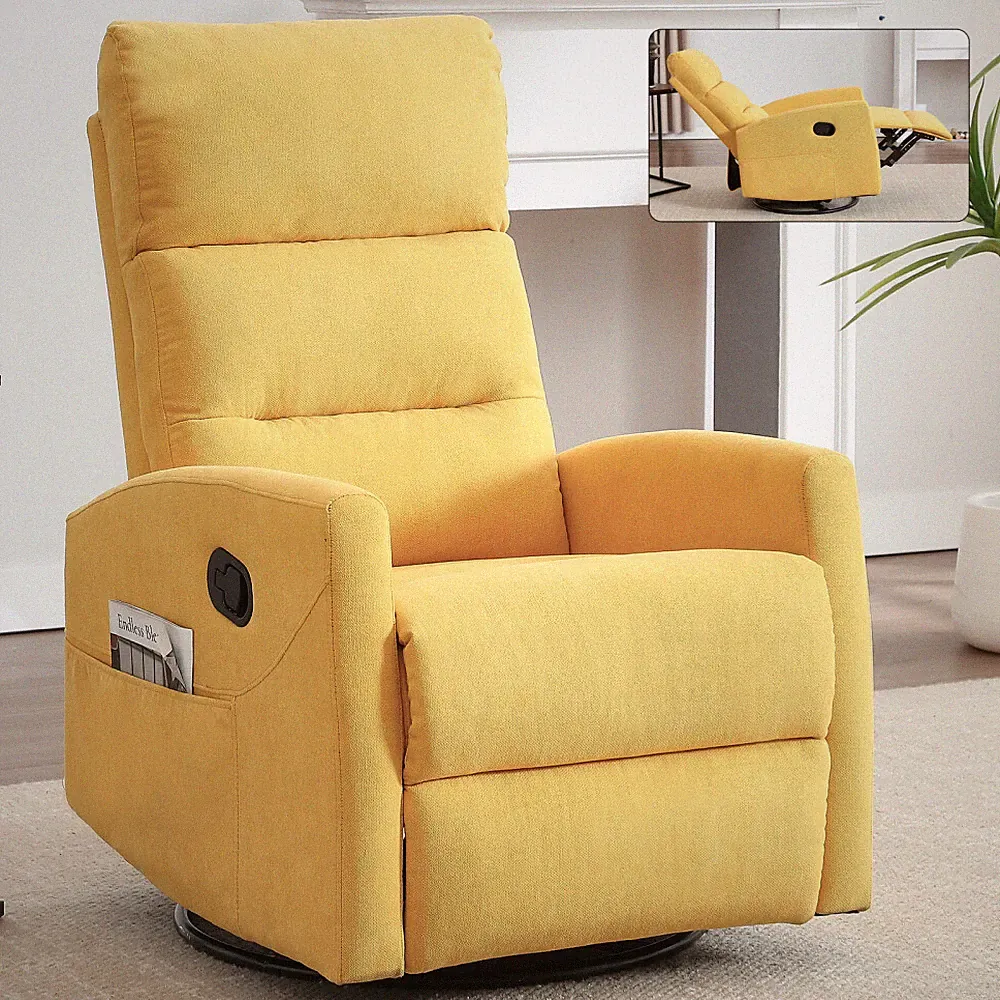Manual Recliner Chair with Rocker & Swivel - Yellow Fabric Living Room Chair