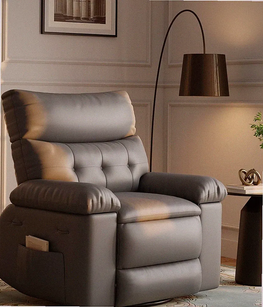 Oversized Manual Leather Recliner Chair with Lumbar Support - Grey